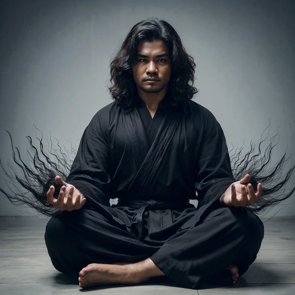 A powerful man from Indonesia with a slightly fat body, long wavy hair, wearing a black robe, sitting cross-legged facing forward, his hands seem to emit black energy, and the energy surrounds his body, extreme cinematography, detailed elements, high quality images, uhd, hdr.