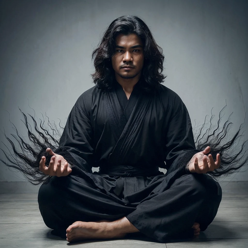 A powerful man from Indonesia with a slightly fat body, long wavy hair, wearing a black robe, sitting cross-legged facing forward, his hands seem to emit black energy, and the energy surrounds his body, extreme cinematography, detailed elements, high quality images, uhd, hdr.