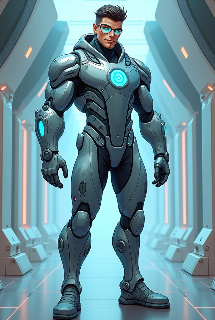 Create a 2D male cartoon technological human character