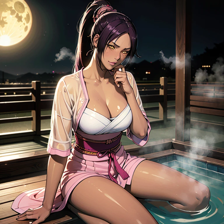 ((Master quality, 8K, masterpiece:1.3, ultra-detailed, high resolution, RAW Photos, detailed , blurry, Actual, hyper realistic, photo, HDR)), BREAK, Anatomically perfect, perfect hands, perfect legs, perfect feet, detailed eyes, BREAK, One person alone, yoruichi shihouin, long hair, (yellow eyes:1.5), ponytail, purple hair, (((dark skin, dark-skinned female))),, BREAK, beautiful face, beautiful detailed eyes, (staring at the camera , Sitting, Soak up to your chest in hot springs), , ( Round and Stacked Breasts, Erect nipples:0.8 ), Cleavage, abs, (((blush, seductive smile ))), Sweat-soaked skin, BREAK, wearing(, chest sarashi:2.5 only , Japanese Loincloth, Wet:1.5, see-through), , Graffiti art, BREAK, ( Random Angle, full-body, ), dynamic angle, , background(Realistic , cinematic lighting, depth of field, night , only one the full moon,, Samurai residence city atmosphere, hot spring , (((Rising steam))), light particles)