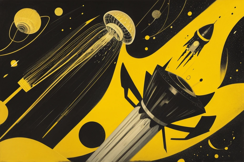 rocket,very large,one jellyfish,monochrome,old painting,yellow background,Rantan,space,midlle ages