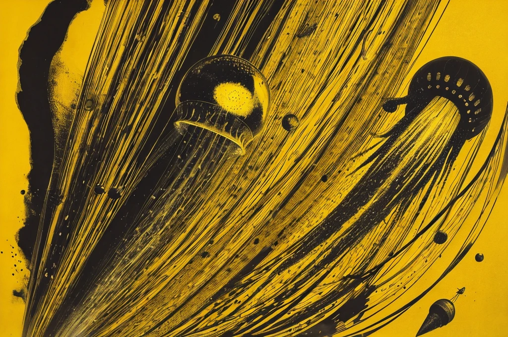rocket,very large,one jellyfish,monochrome,old painting,yellow background,Rantan,space,midlle ages