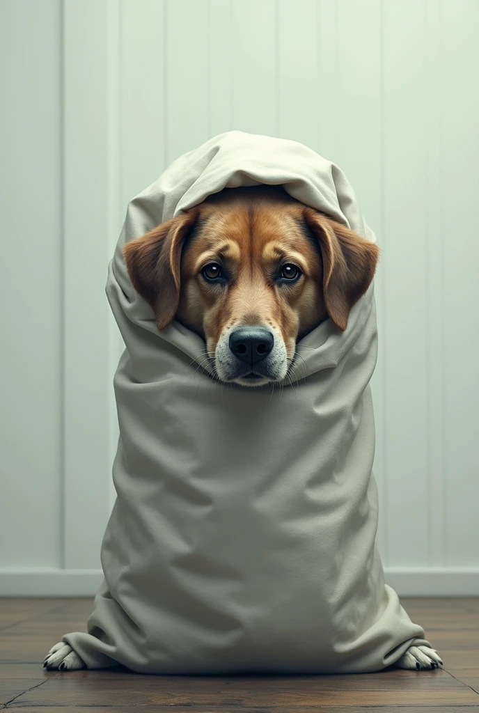 SAD LOOKING dog in a white sack sticking its head out of a hole