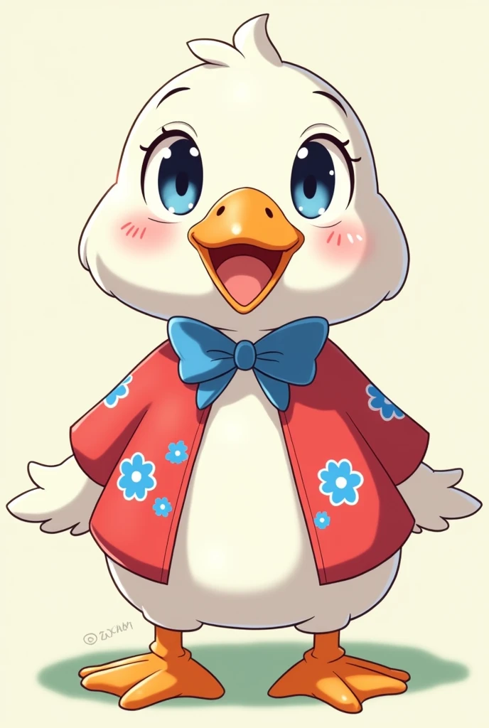 Create an image of a cheerful white goose who look at the camera with a anime and exaggerated look. The goose should have big, expressive eyes and a close mouth, and a rounded, soft body shape. The character should be dressed in a Light open red shirt with blue flowers, perhaps with bright patterns or a fun accessory like a bowtie or scarf, reflecting a vibrant and energetic personality. The background should be simple and not too detailed, focusing on the character in a friendly, light-hearted environment.
