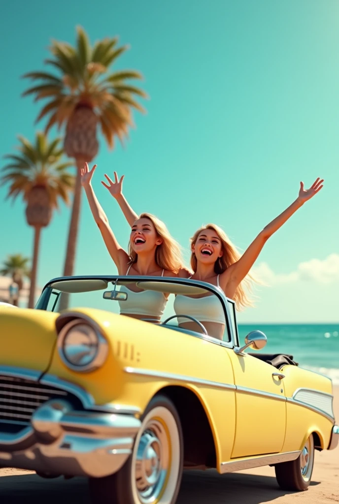 image of two blonde girls in silver swimsuit, from the back, jumping and standing on top of a convertible car at the los angeles beach with palm trees, retro style