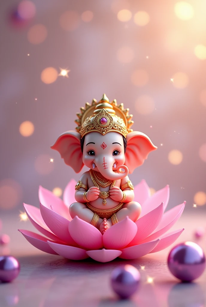 Prompt : Ganesha sitting on a golden day style wallpaper with pastel colors of pink, sitting on a pink lotus flower, No hair, purplepearls in the background, full body, cute, shiny, crystal stars, digital art, simple design, very high resolution, cinematic lighting, perfect composition, harmonious composition, octane render, Hold Lotus flower, Chibi-Style.