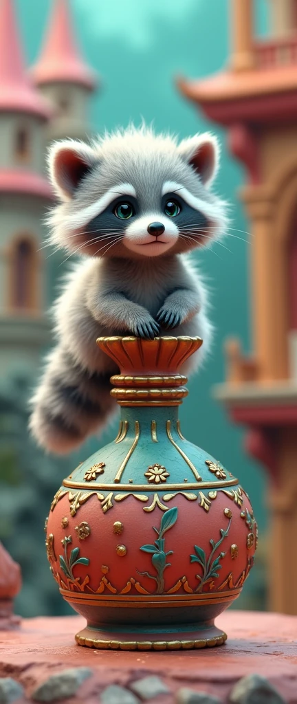 A whimsical and enchanting 3D render of a fluffy baby raccoon, perched atop a colorful, intricately designed bottle. The raccoon's soft, mixed-white and light-gray fur adds to its adorable and plush appearance. The background showcases a fantastical castle, painted in a vivid cadmium hue, providing a playful and conceptual setting. The overall atmosphere of this artwork is light-hearted and imaginative, drawing viewers into a world of magic and wonder., photo, conceptual art, 3d render