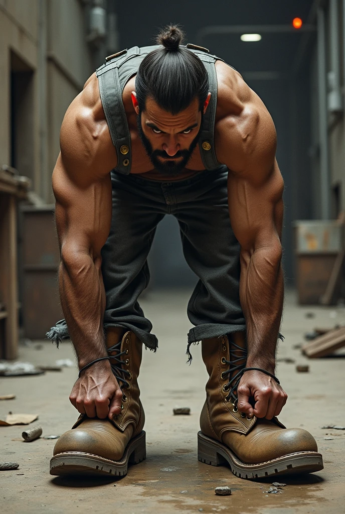 Person putting on boots and banging them on the ground 