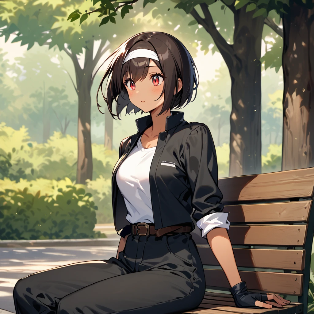Single,female,short cut,dark hair,dark skin,red eyes, ((black jacket with rolled up arms)),fingerless gloves,white T-shirt, ((white headband)),black long pants,white shoes,brown belt,cute,indoor-oriented,charming,top class,neat face,neat eyes,slightly large breasts,sitting on a bench in a park A beautiful Japanese girl is sitting on a bench in a park, she is surprised to see me in profile and in front of her. Her eyes are wide open, her gaze is slightly downward, and her mouth is half open.