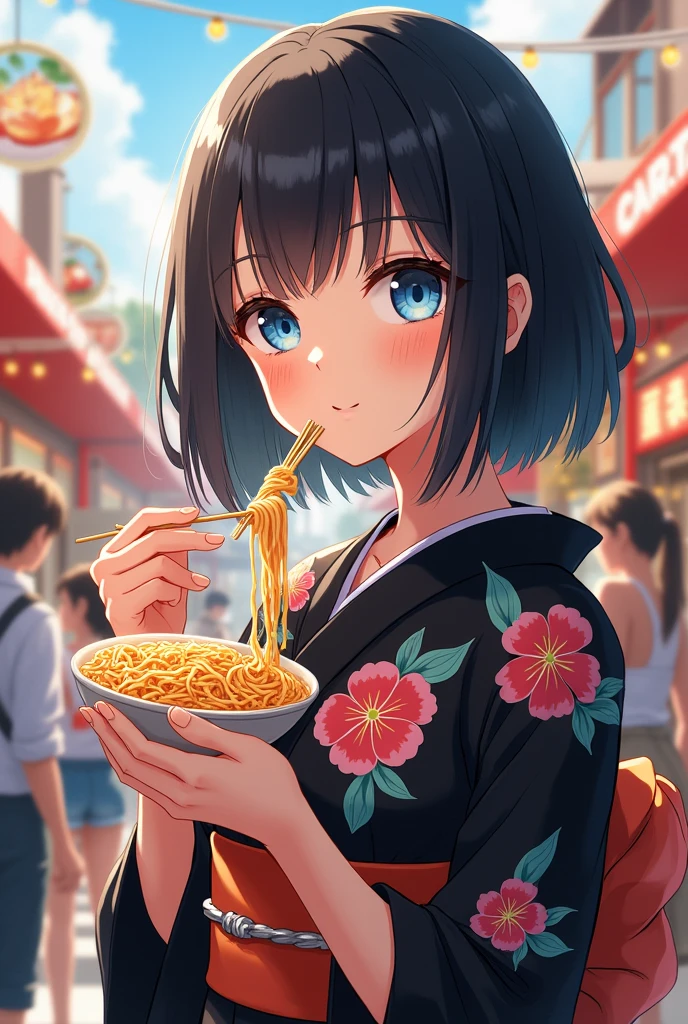 Photorealistic、Highest quality、Highest Resolution、Highest quality、８Ｋ、Beautiful woman、cute、Bob Cut Hair、Dark Hair、Light blue eyes、Cute floral black yukata、black yukata、Summer festival、couscous、noon、sunny、Fried noodlesを食べるlooks fun、smile、Smile、