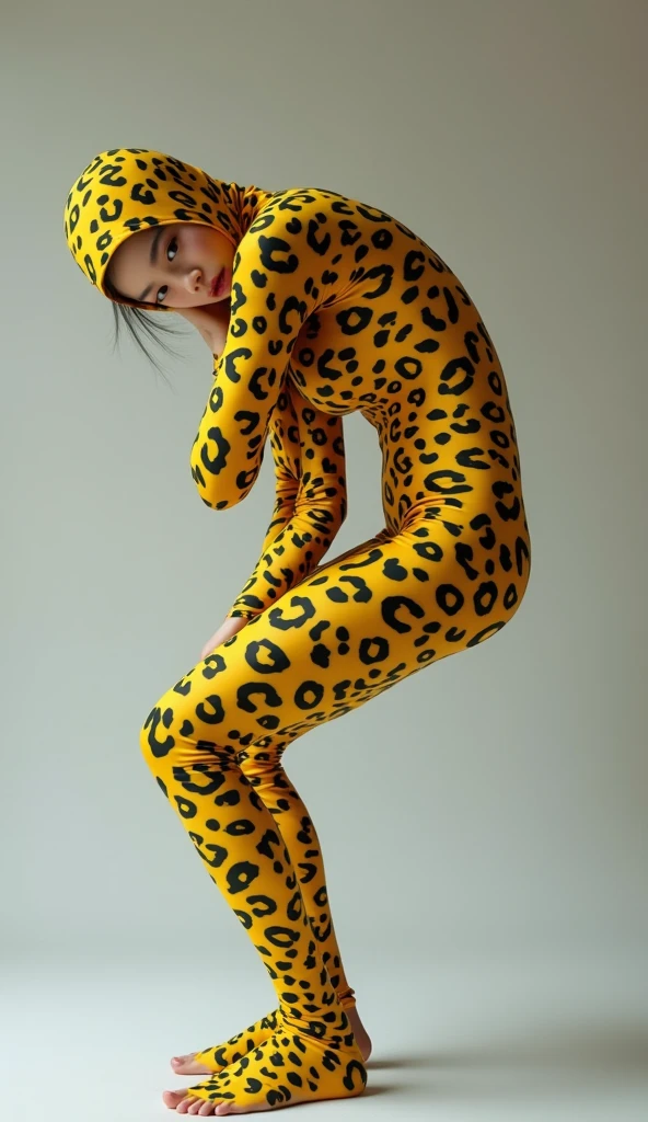 the beautiful and thest Chinese adult girl with beautiful cheeks wears yellow leopard print lycra footed turtleneck unitard catsuit covered with black leopard patterns.She always wear yellow leopard print lycra elastane stretchy dancewear hijab-like zentai hood.She is take part for contortion.She is my beautiful contortionist in the world.