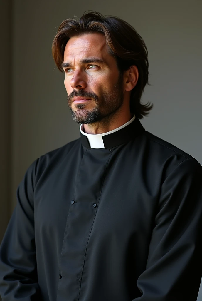 HD image, hyper realistic. Ian Somerhalder as a Lutheran Protestant pastor wearing a clerical collar. Full body image. He has a goatee and medium length hair.