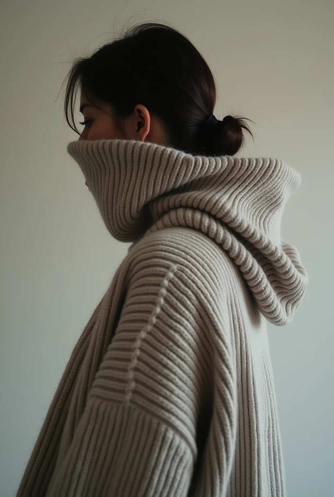 Generates an image of a woman Instagram profile picture of approximately and 1 meter tall,54 with a lead sweater from behind so that his face cannot be seen but from behind so that his face is not shown