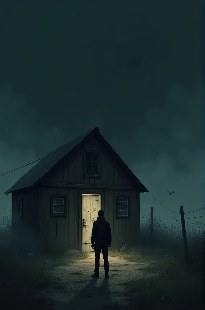 Prompt**: "The scene shows a house in the village where someone is hesitating to open the smaller door, leading to an ominous feeling. The sky is completely dark, and there’s a sense of impending doom as the person contemplates whether to open the door in time or not."