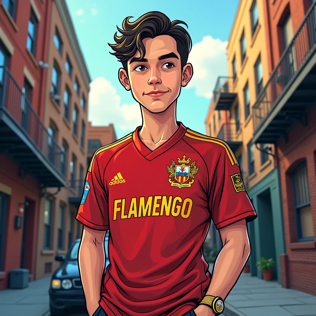 A stylized illustration, with framing from the waist up, This type of art will be based on cartoon and manga fundamentals.. A man who looks like Tom Holland with the Flamengo team shirt on his back, trap singer style and behind a blookyn neighborhood
