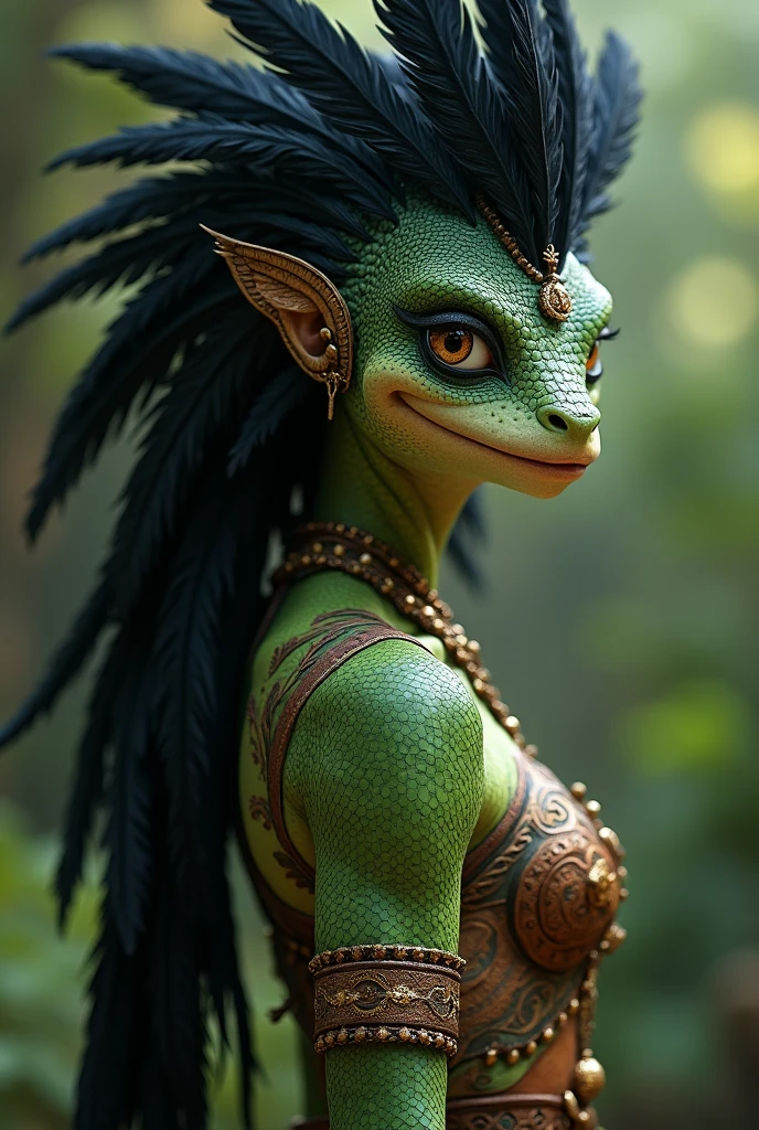 1girl, upper body, young tribal queen, tribal bikini, attractive, reptile humanoid with green scaly skin, black feathers instead of hair, fantasy character. Masterpiece, photorealistic, top quality, best quality, beautiful eyes, perfect eyes, upper body, muscular.