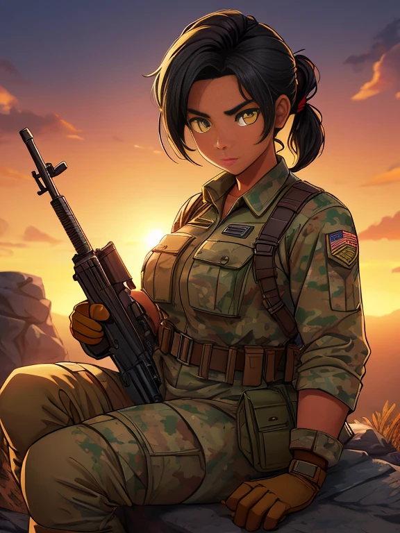 (26 year old:1.3), (tanned bronze skin:1.4), (Yellow colored eyes:1.4), (Short Black Hairs:1.3), (Pony-Tail hair style:1.3), (Wearing: USA marine corps uniform, camouflage military uniform, armor and gloves), army girl, soldier girl, infantry girl, (sunset :1.2),(Sitting with hands holding a rifle:1),(surprised), highest quality, ultra-high resolution, absurdity, realistic, physically based rendering, cinematic lighting, complex and cinematic appearance, cinematic soft light, soothing tone, dynamic angle