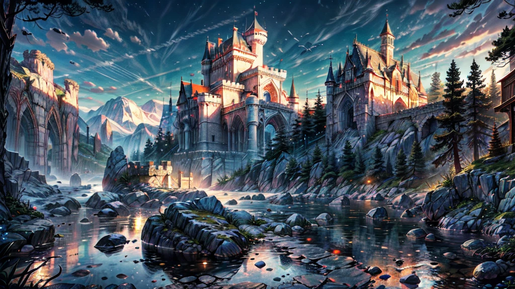 Realistically carved castle and stone walls on a rocky hill, Gothic futurism style, Eve Ventler, Philip Hodas, Structured Chaos, The water walkway reflects the blue sky, Fine details