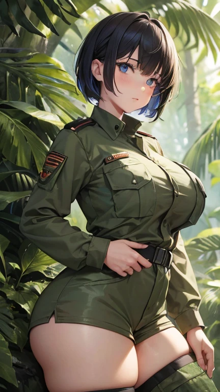 High resolution Female soldier on guard in the jungle with lots of trees in the tropics Female soldier in camouflage uniform Long sleeve uniform Short bob Blue eyes Kind face Soft expression Voluptuous breasts Big buttocks Exposed thighs