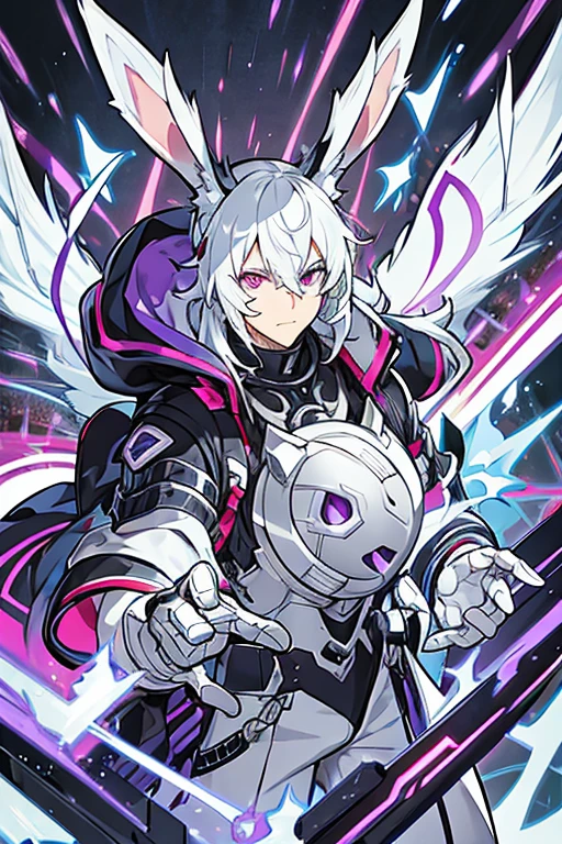 Robot Man, muscular, White hair, rabbit ears, Red hood, purple eyes, with scars en la cara, with scars, chains, metal wings, with big pecs