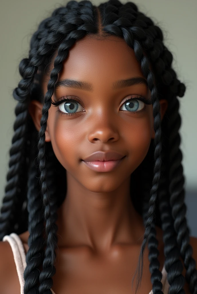 Une jeune fille adolescente noire au teint chocolat ciré et brillant aux yeux bleus et avec de longues tresses noires en réaliste