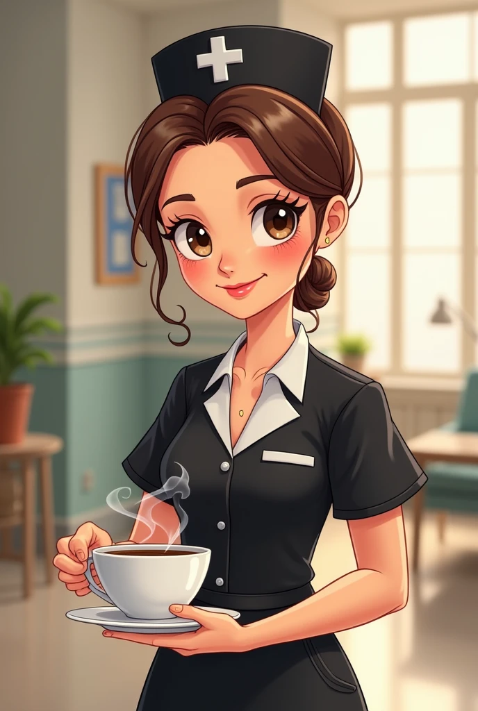 Beautiful Nurse with coffee cartoon black dress