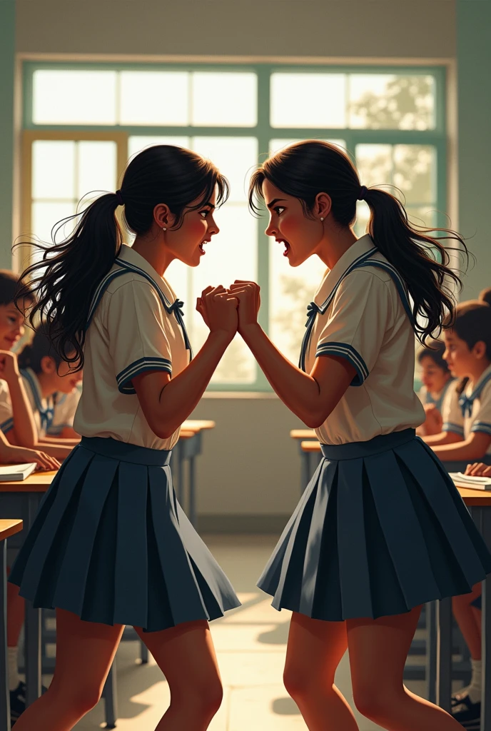 A fight between 2 Indian girls at school . In skirts. With anger in face. In school classroom. Other students cheering them