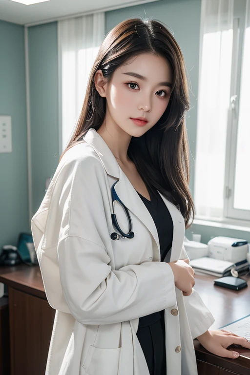 Full-body photo of a young woman with fair skin and delicate face posing for a photo with a desk and a doctor's office as a backdrop. She is wearing a white doctor's coat with a stethoscope draped over her shoulders. Her dark hair is scattered down over her shoulders, highlighting her eyes that stare straight at the viewer in the middle. The overall feeling is innocence, and the light is soft and diffused, very realistic, the picture is perfect.