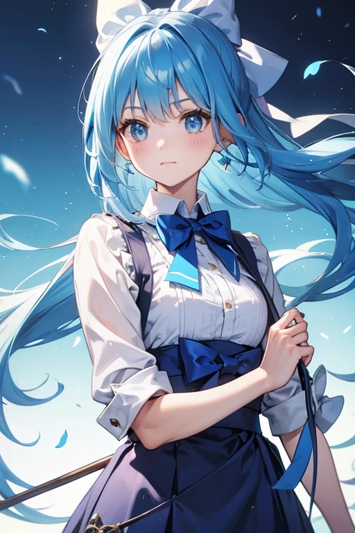 Holding a bow，Blue Hair，