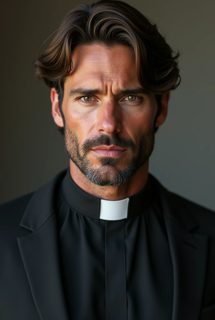 HD image, hyper realistic. Ian Somerhalder as a Lutheran, Protestant, pastor wearing a clerical collar, lutheranism. Full body image. He has a goatee and medium length hair.