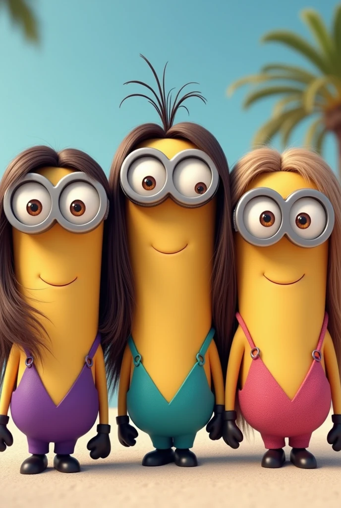 I would like to create three minions in bikinis, a purple bikini, the other pink and the other turquoise, All three are smiling, The Minion with the purple bikini has long, loose hair that is straight and dark brown. , The Minion with the turquoise bikini has long brown hair and the Minion with the pink bikini has long light brown hair with blonde highlights.