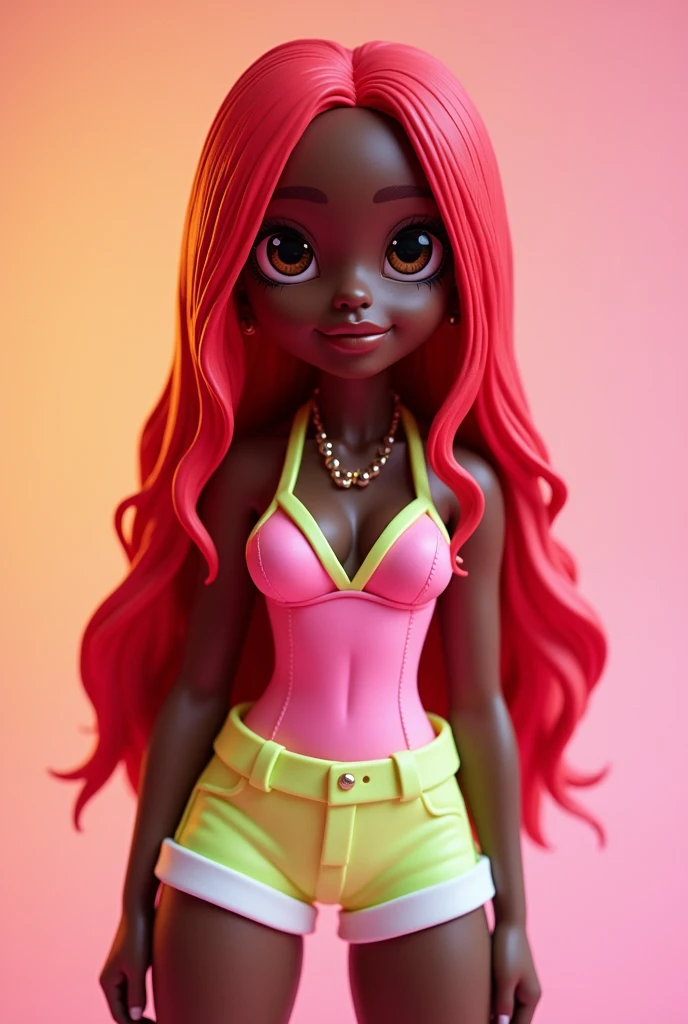 Cake topper, black teen doll,cherry red straight long hair
, shorts branco e body neon colorido,eyes browns,sexly, chubby
