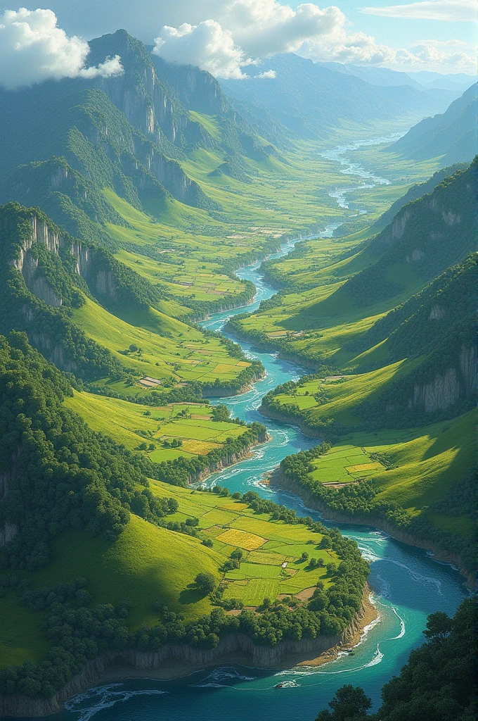 **Géographie**
Caldoria s'étend sur des collines verdoyantes, des vallées fertiles et des forêts anciennes. Le royaume est baigné par des rivières aux eaux cristallines, qui irriguent les champs et les vergers. Au sud, il borde un vaste océan, offrant à Caldoria des ports prospères qui sont essentiels pour son commerce maritime. Le climat est tempéré, avec des étés chauds et des hivers doux, ce qui permet une agriculture florissante.