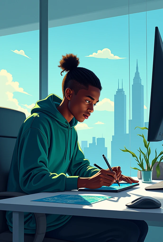 Draw a young African man dressed in blue and green using a graphics tablet while sitting in a glass office. 
