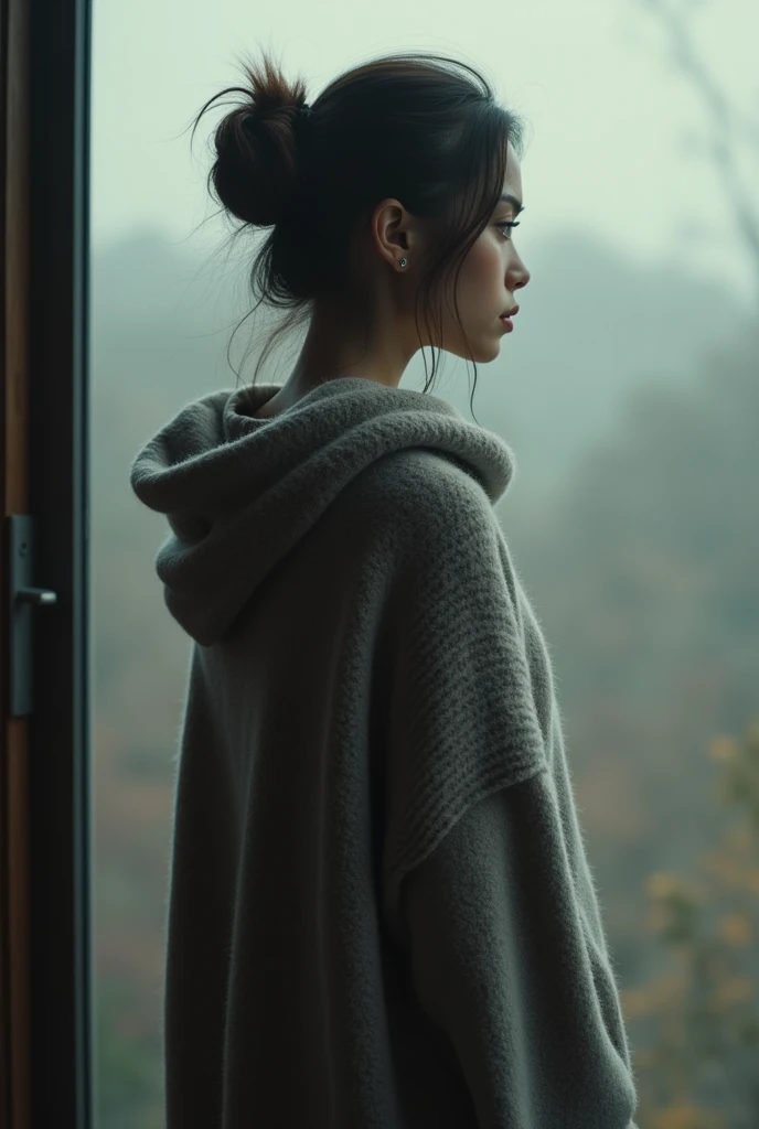 Generates an image of a woman Instagram profile picture of approximately  and 1 meter tall,54 with a lead sweater from behind so that his face cannot be seen but from behind so that his face is not shown but is turned around