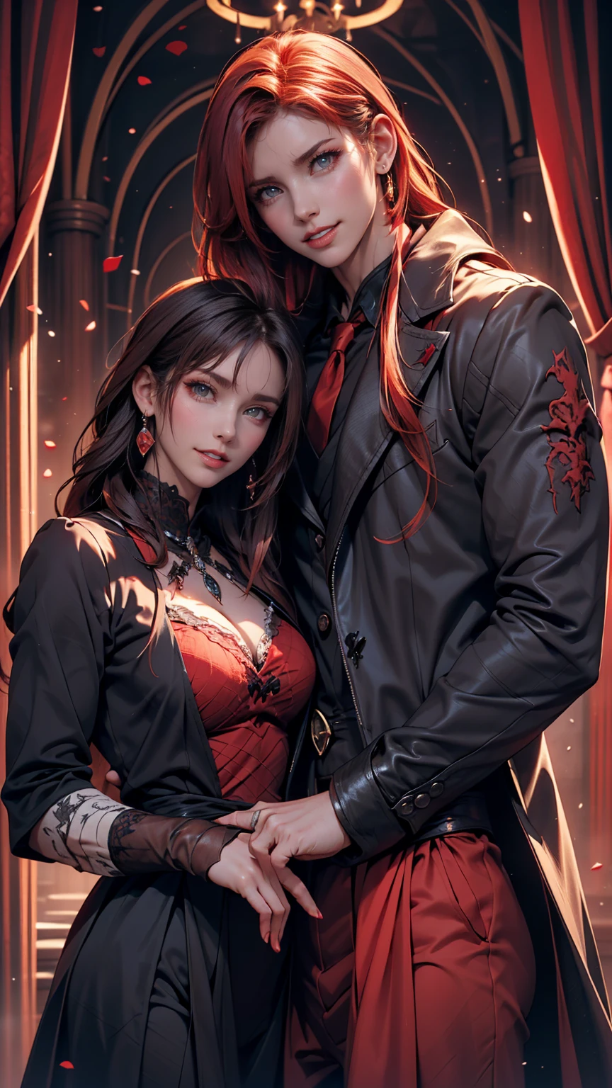 masterpiece, Highest quality, High resolution, One person, alone, Modern vampires, Redhead, Long Hair, Open Hair, Red eyes, Wicked Smile, On either side of her were two boys., both vampires with Redhead, Red and black outfit, Scary background