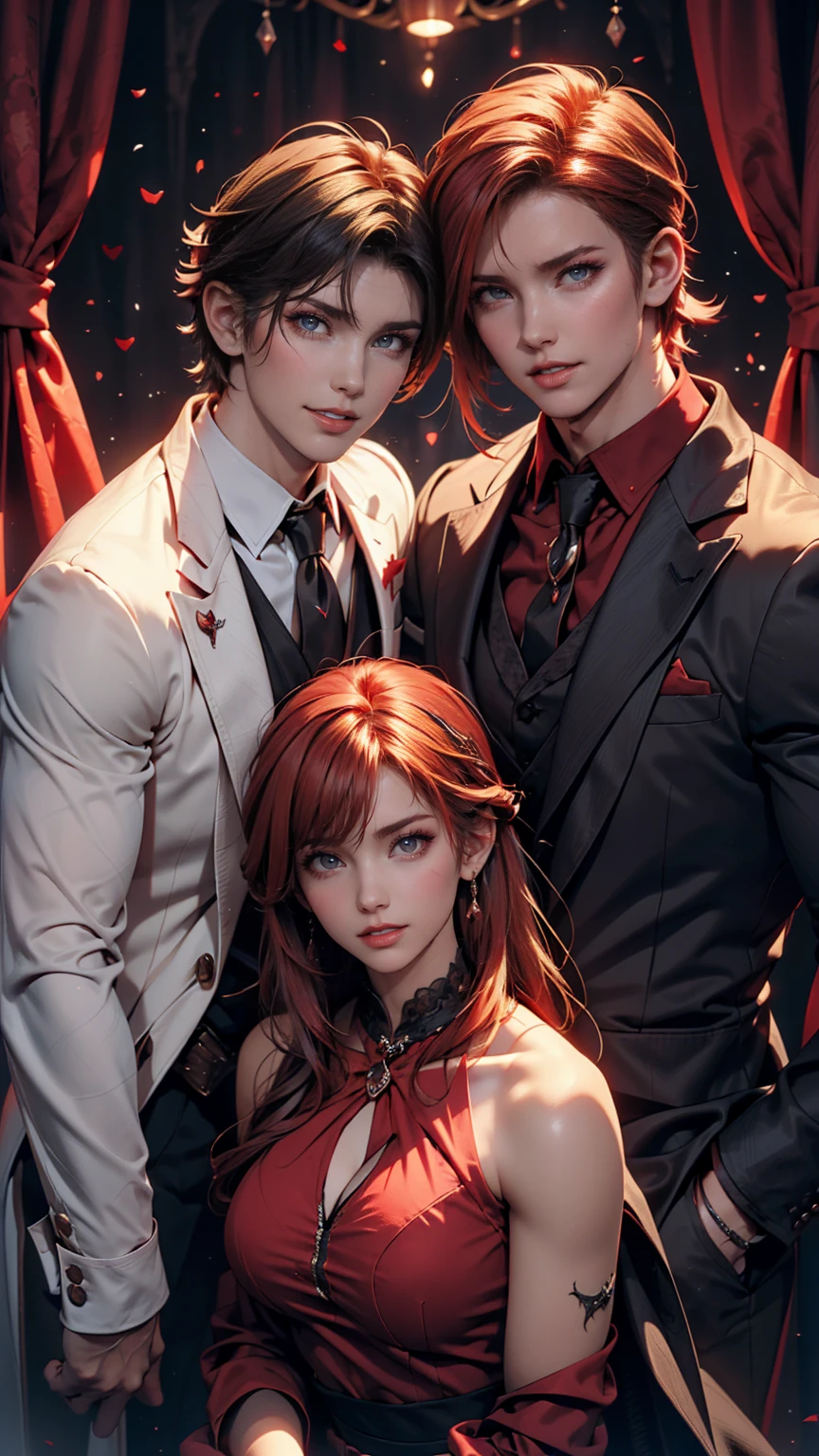 masterpiece, Highest quality, High resolution, One person, alone, Modern vampires, Redhead, Long Hair, Open Hair, Red eyes, Wicked Smile, On either side of her were two boys., both vampires with Redhead, Red and black outfit, Scary background