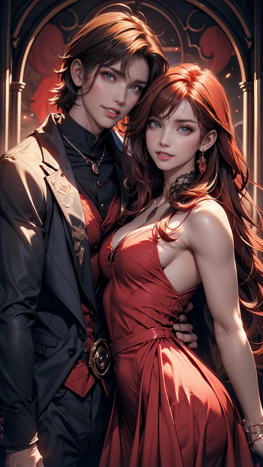 masterpiece, Highest quality, High resolution, One person, alone, Modern vampires, Redhead, Long Hair, Open Hair, Red eyes, Wicked Smile, On either side of her were two boys., both vampires with Redhead, Red and black outfit, Scary background