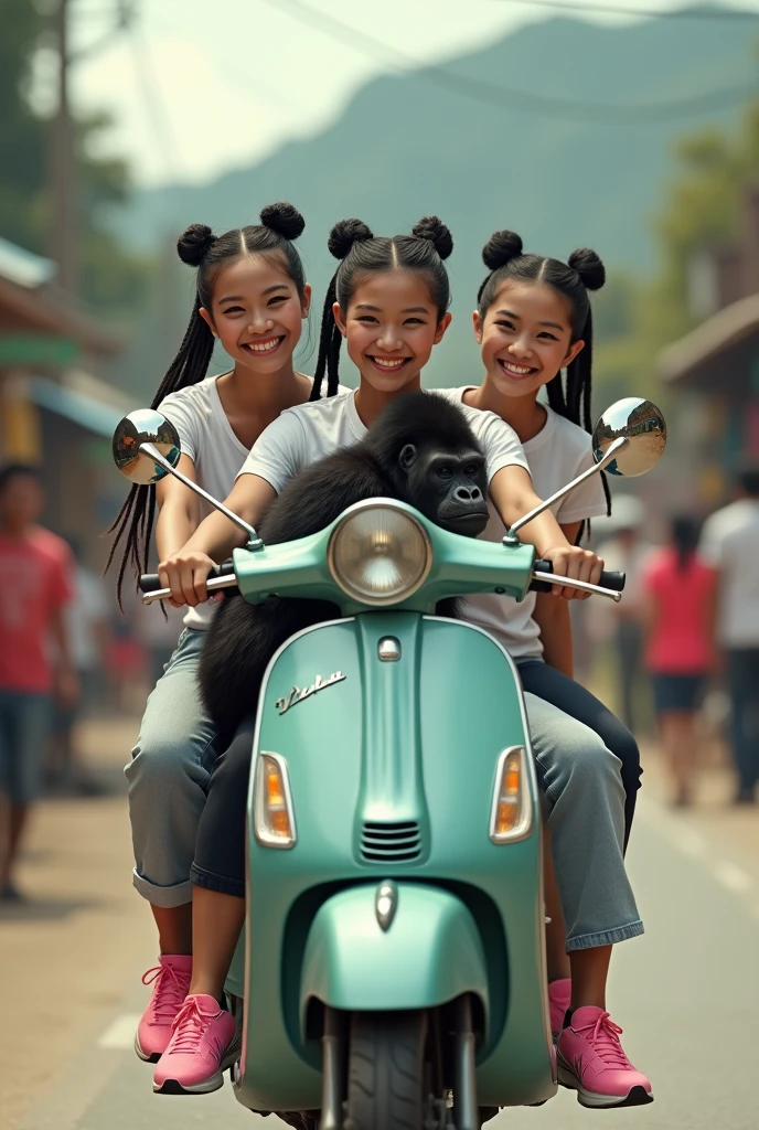 4 beautiful chinese women, white skin, long dreadlocks in a bun, wearing T-shirts, trousers, wearing pink sneakers, smiling faces, riding a Vespa pillion while carrying a gorilla in front, on a village road, busy with people, aestetic, epic realism, minimally disabled, very detailed