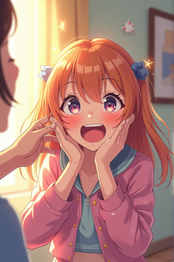 Anime girl and her get laughing being her feet get tickle by someone hand