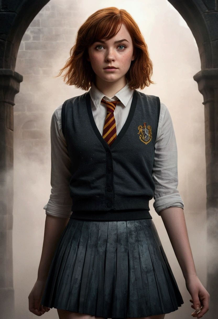 An illustrated movie poster, hand-drawn, full color, a teenage Hogwarts student, 18-years-old, female, wearing a charcoal vest and a pleated skirt, athletic hourglass figure, full wide hips, massive round butt, long shapely legs, ridiculously thick powerful thighs, vibrant eyes, deep dark auburn hair, punk pixie cut, flushed sun-kissed complexion, freckles, resembles Genevieve O'Reilly, standing in a foggy Hogwarts courtyard, surrounded by mist, graphite shading, stencil marks, airbrushed acrylic paint, masterpiece, close-up shot, in the style of the Deathly Hallows 