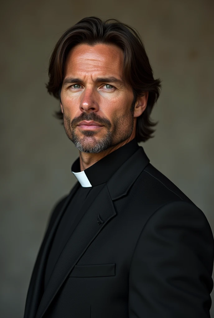 HD image, hyper realistic. Ian Somerhalder as a Lutheran, Protestant, pastor wearing a clerical collar, lutheranism. Full body image. He has a goatee and medium length hair.