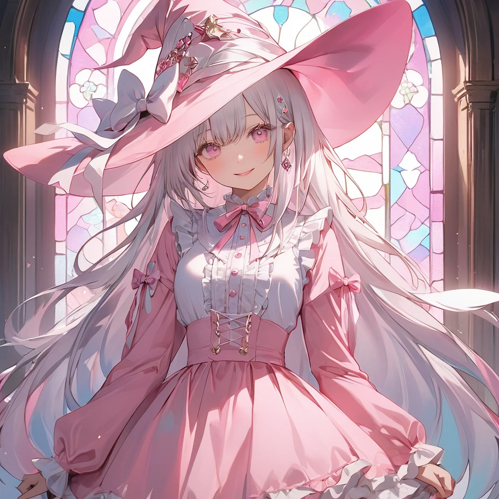 (transparent pink theme art),(top-quality),(masterpiece),(cowboy shot:1.5),((arms behind side)),Silky to the touch,Hyper Detail,(1 girl),(solo),Delicately drawn face,girl with a pretty face,beautiful detailed transparent pink eyes,beautiful detailed pink witch hat with white ribbon ornament,beautiful detailed pastel pink lolita witch fashions with ruffles,((pastel pink skirt with ruffles)),((Long sleeve white and pink costume)),(Beautiful silky white hair:1.3),pale skin,a beautiful transparent illustration,pastel pink theme,beautiful smile,frontal face,soft gradient,((standing in front of pastel pink glass art wall)),(((stained glass is only pastel pink)))