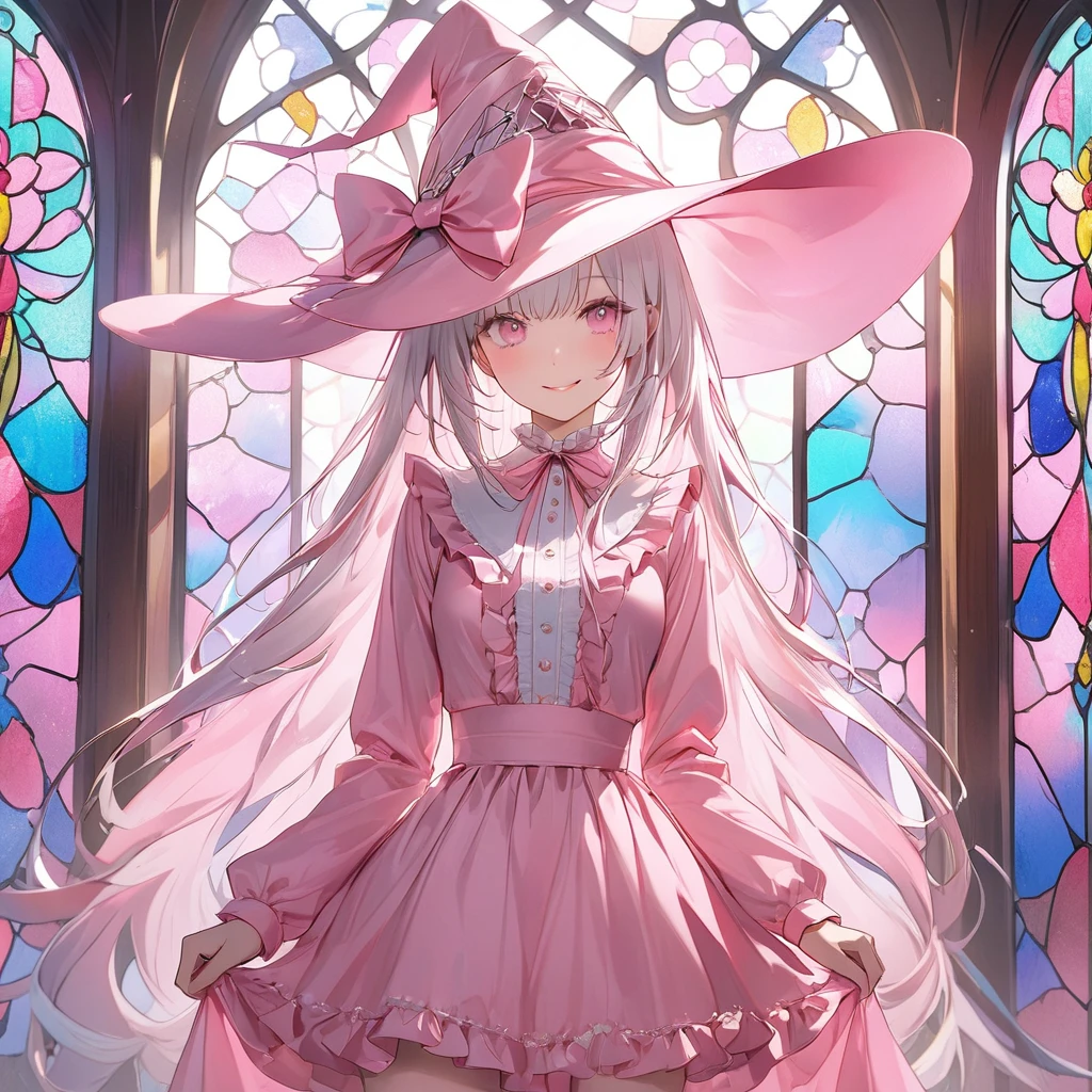 (transparent pink theme art),(top-quality),(masterpiece),(cowboy shot:1.5),((arms behind side)),Silky to the touch,Hyper Detail,(1 girl),(solo),Delicately drawn face,girl with a pretty face,beautiful detailed transparent pink eyes,beautiful detailed pink witch hat with white ribbon ornament,beautiful detailed pastel pink lolita witch fashions with ruffles,((pastel pink skirt with ruffles)),((Long sleeve white and pink costume)),(Beautiful silky white hair:1.3),pale skin,a beautiful transparent illustration,pastel pink theme,beautiful smile,frontal face,soft gradient,((standing in front of pastel pink glass art wall)),(((stained glass is only pastel pink)))