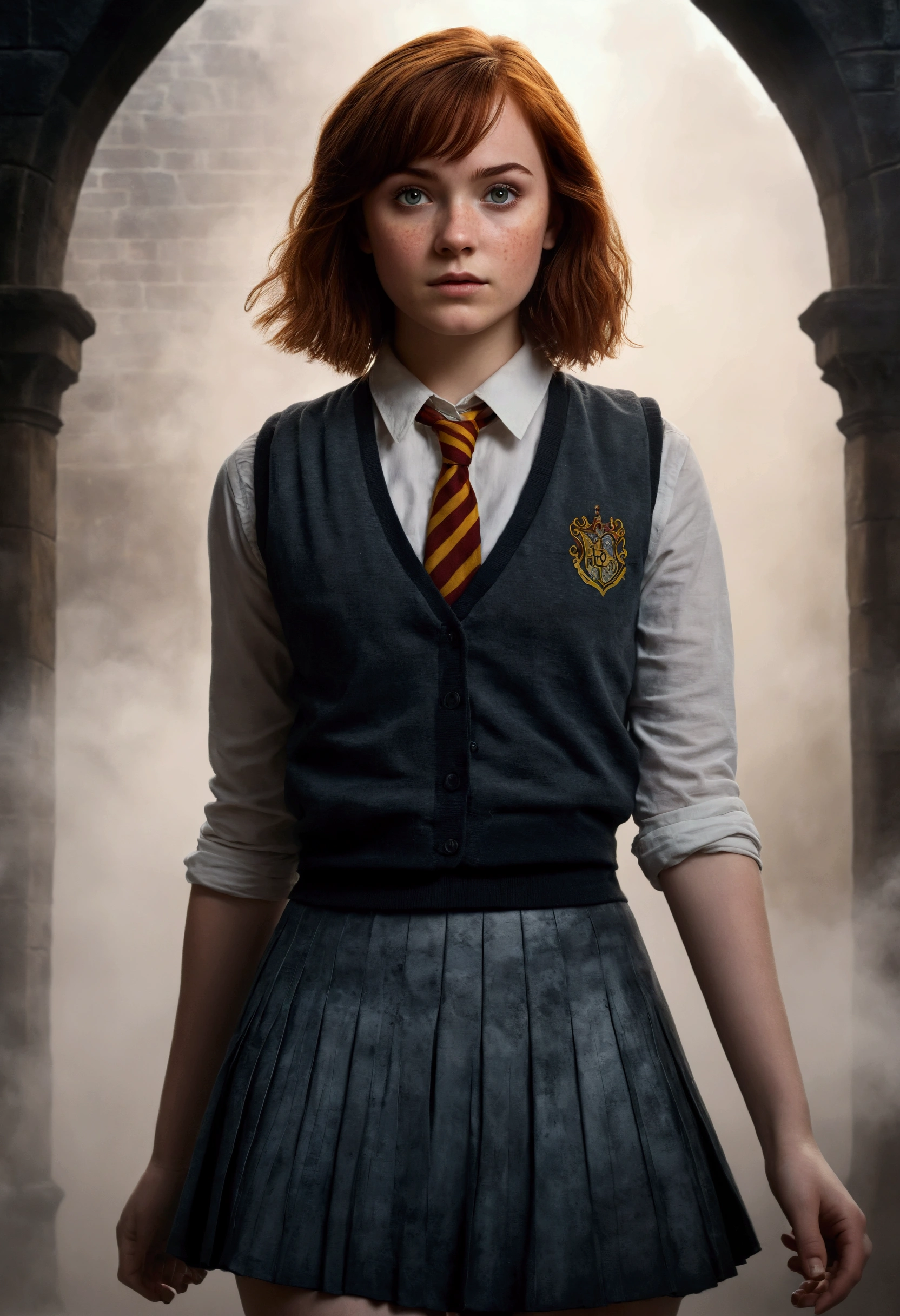 An illustrated movie poster, hand-drawn, full color, a teenage Hogwarts student, 18-years-old, female, wearing a charcoal vest and a pleated skirt, athletic hourglass figure, full wide hips, massive round butt, long shapely legs, ridiculously thick powerful thighs, vibrant eyes, deep dark auburn hair, punk pixie cut, flushed sun-kissed complexion, freckles, resembles Genevieve O'Reilly, standing in a foggy Hogwarts courtyard, surrounded by mist, graphite shading, stencil marks, airbrushed acrylic paint, masterpiece, close-up shot, in the style of the Deathly Hallows 