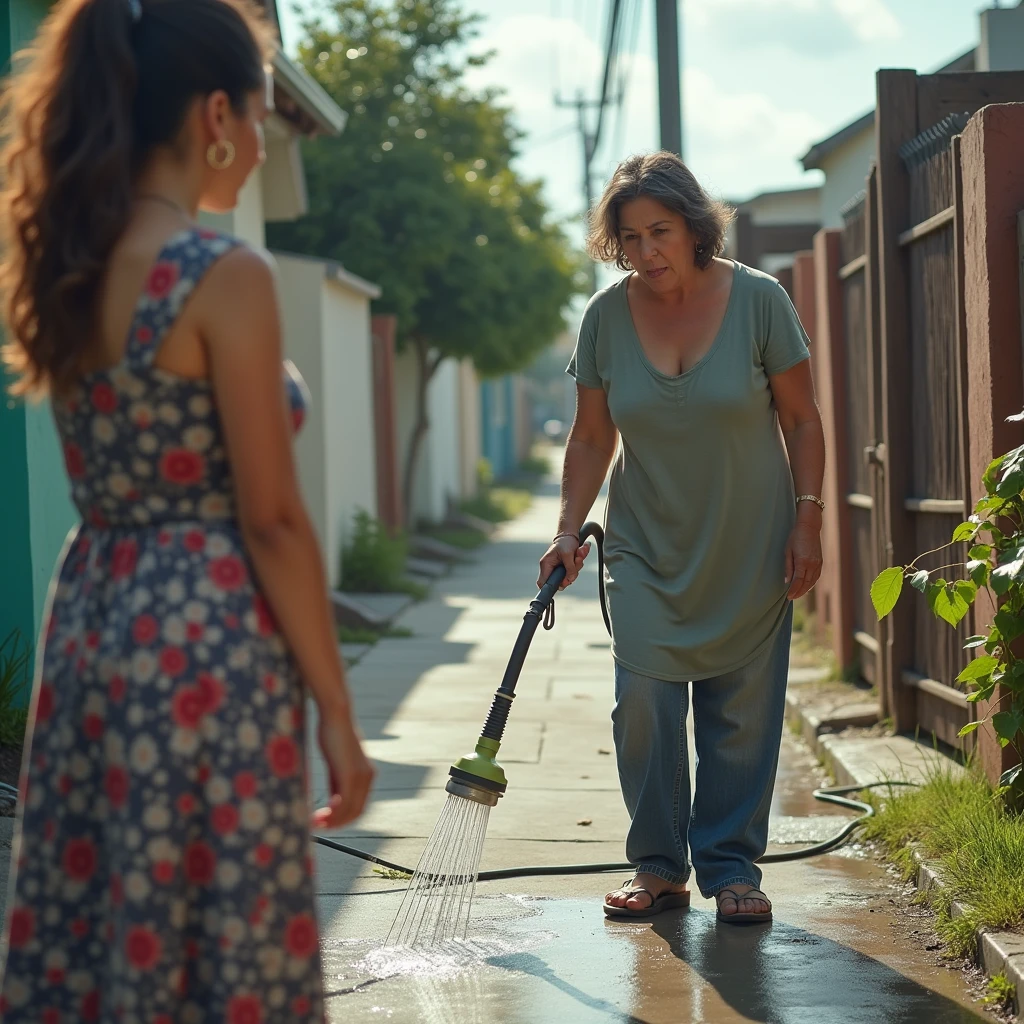 Photo of 50 year old Latina woman, with open eyes, not sexy in a dress, washing the sidewalk with a small jet hose and another lady next to her in a long dress with a disapproving expression on her face as she watches the act.