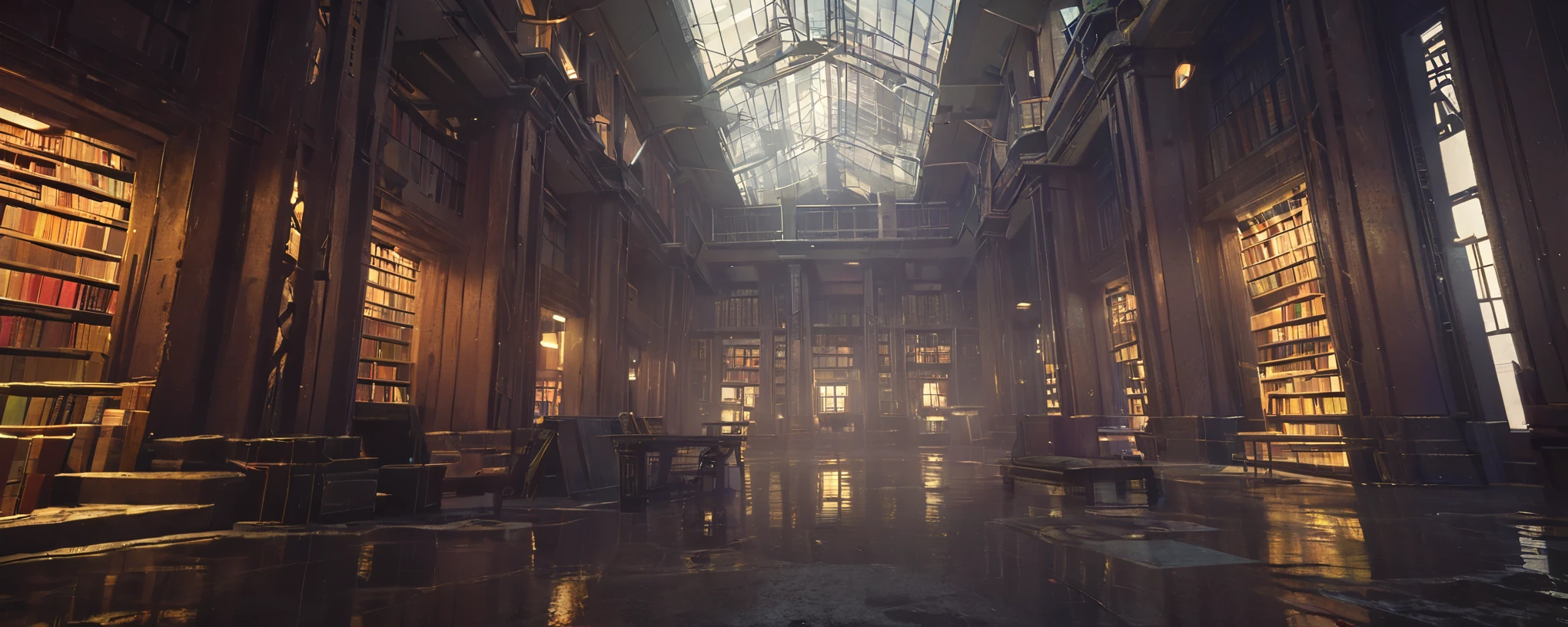 ancient library, cyberpunk scenario, diffused lights, post apocalyptic, Sober colors, , eyeshadows,
