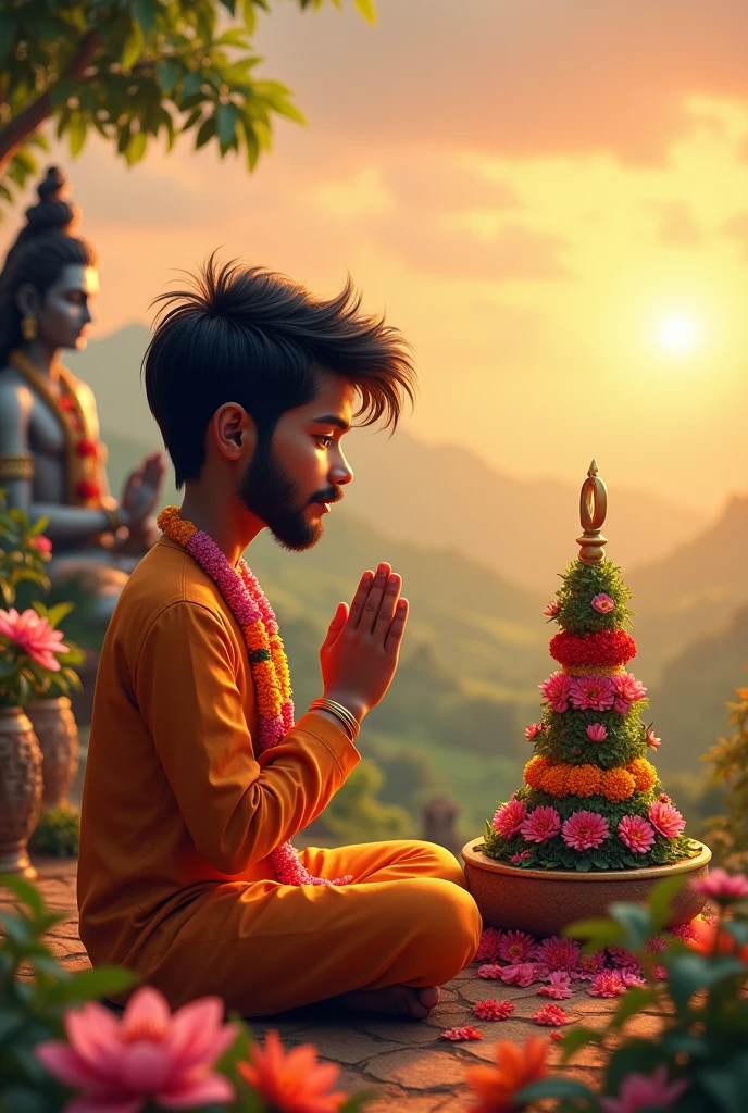A boy, is seated and praying in front of a Shivling adorned with flowers and belpata (green leaves). Behind him, there's a Statue of Lord Shiva. The boy is wearing a saffron kurta on which name "VISHWAS" written clearly , have stylish hair , have beard and mustache and look very cute, enhancing the spiritual or religious ambiance, background features with hills, sunrise.