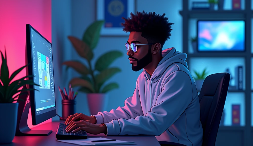 2d anime style, a technologically savvy African American man sits in his sleek, modern room, engrossed in his computer. He is having fun. His appearance exudes coolness, with a fashionable style that complements the cutting-edge technology he interacts with. The artificial LED lighting casts a futuristic glow on his features, enhancing the overall ambiance of the scene. This striking image captures the essence of innovation and enjoyment in the digital age, presented in impeccable quality that captivates the viewer