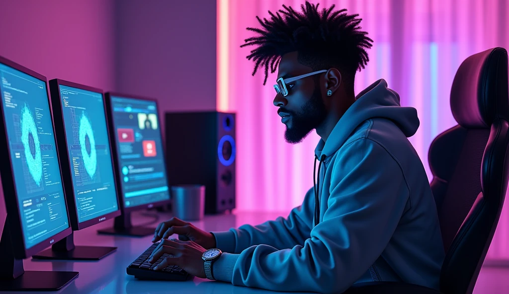 2d anime style, a technologically savvy African American man sits in his sleek, modern room, engrossed in his computer. He is having fun. His appearance exudes coolness, with a fashionable style that complements the cutting-edge technology he interacts with. The artificial LED lighting casts a futuristic glow on his features, enhancing the overall ambiance of the scene. This striking image captures the essence of innovation and enjoyment in the digital age, presented in impeccable quality that captivates the viewer